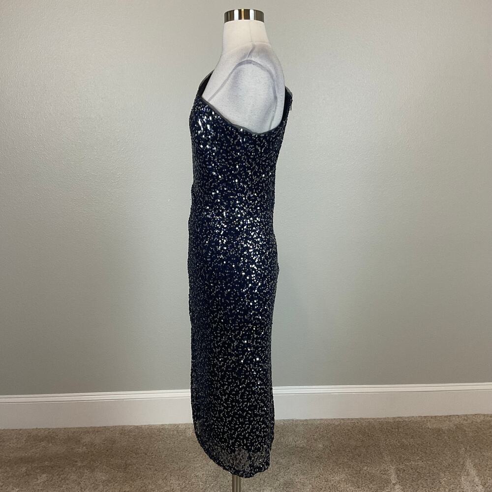 Betsy & Adam Blue Cocktail Dress Sequin One Shoulder Long Sleeve Sheath Size 10 - Picture 6 of 13